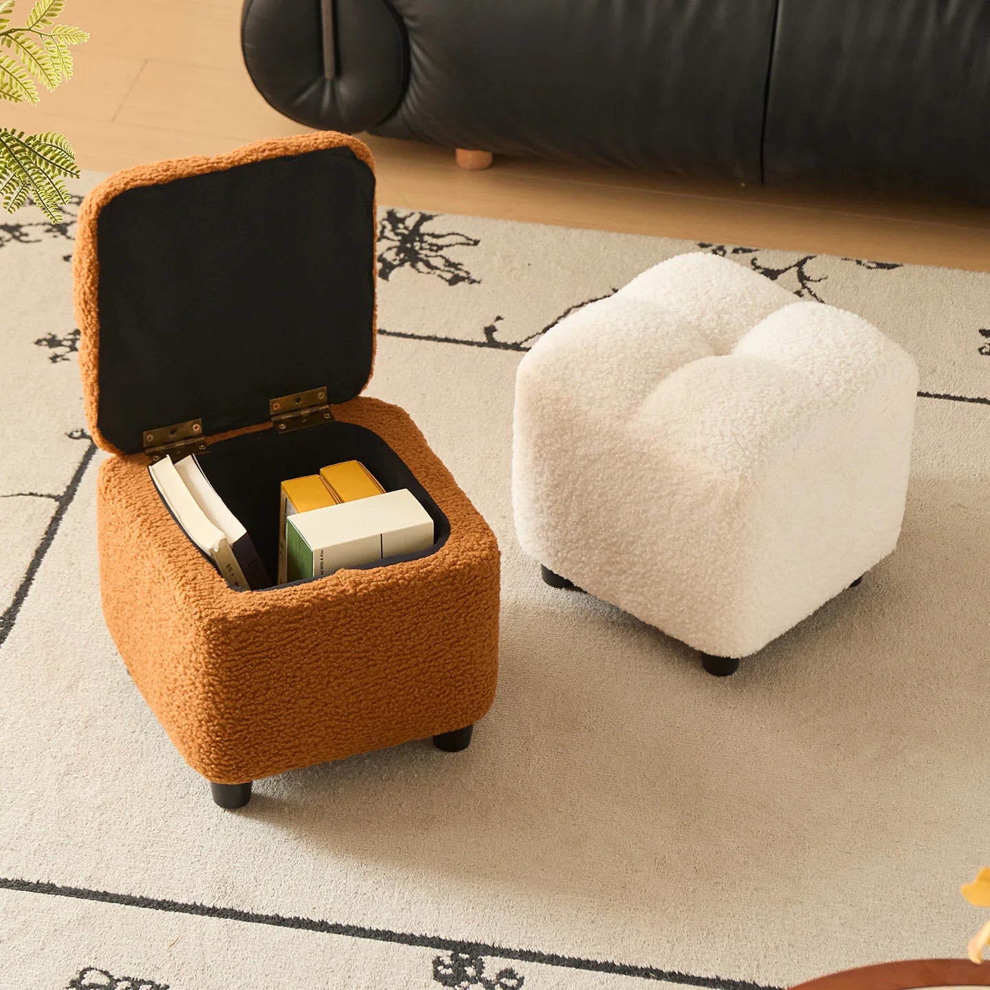 Pouf Repose-Pieds en Laine Bouclée avec Rangement