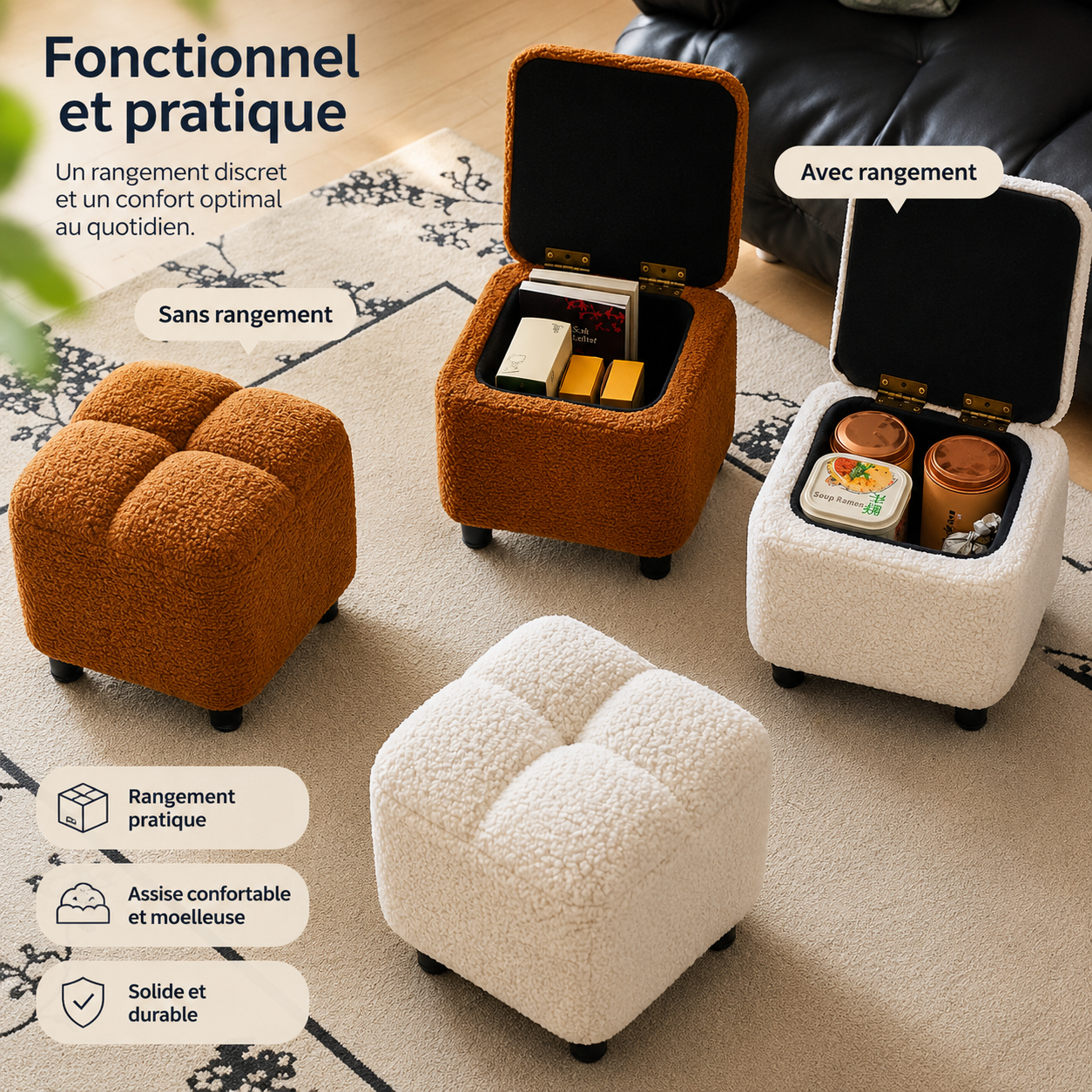 Pouf Repose-Pieds en Laine Bouclée avec Rangement